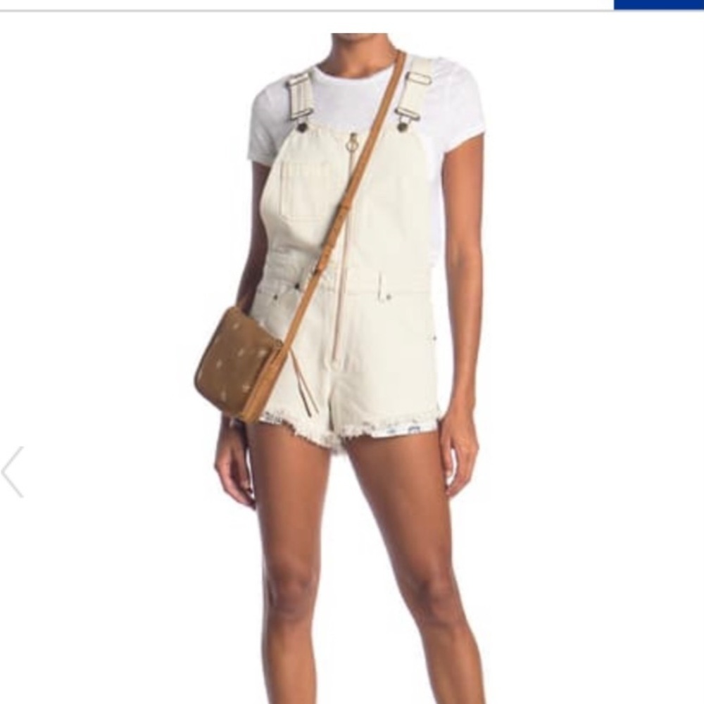 Free People Cream Denim Short Overalls